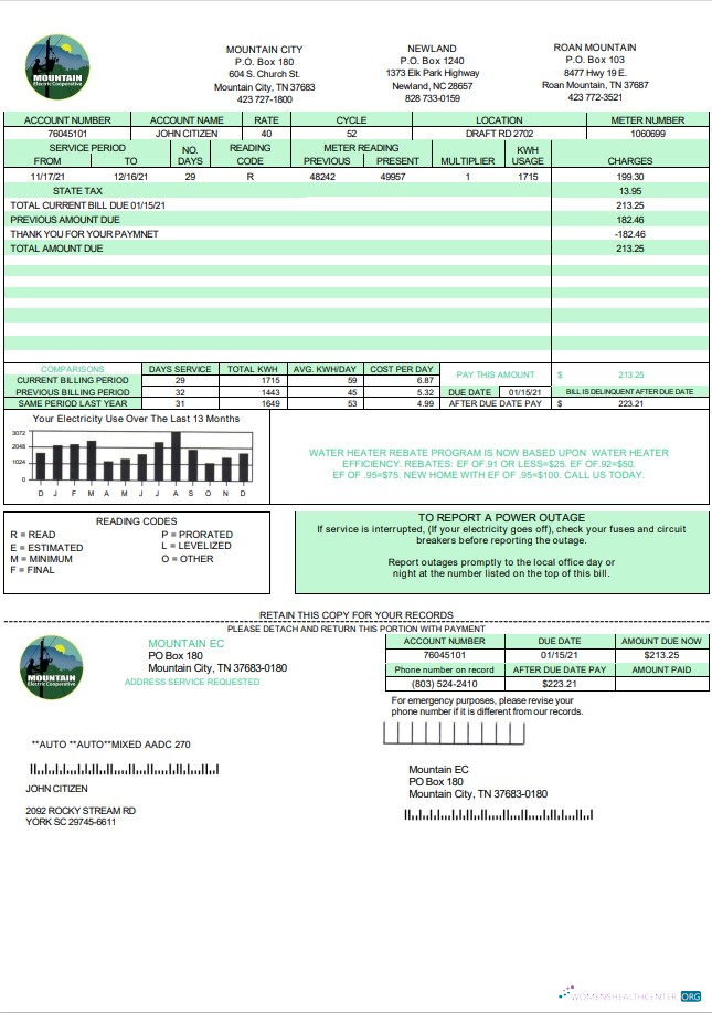 USA Tennessee Mountain Electric Cooperative, Inc. (MEC) utility bill template in Word and PDF format